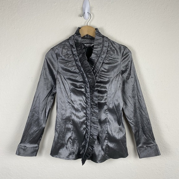 Vintage Ravel M Ruffle Top Vampire Metallic Silver Regency Whimsigoth Shirt - Picture 1 of 6